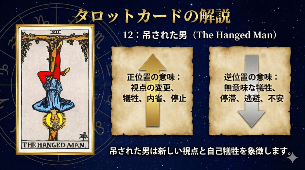 タロットカード【12:吊された男】正位置・逆位置の意味とキーワードを解説