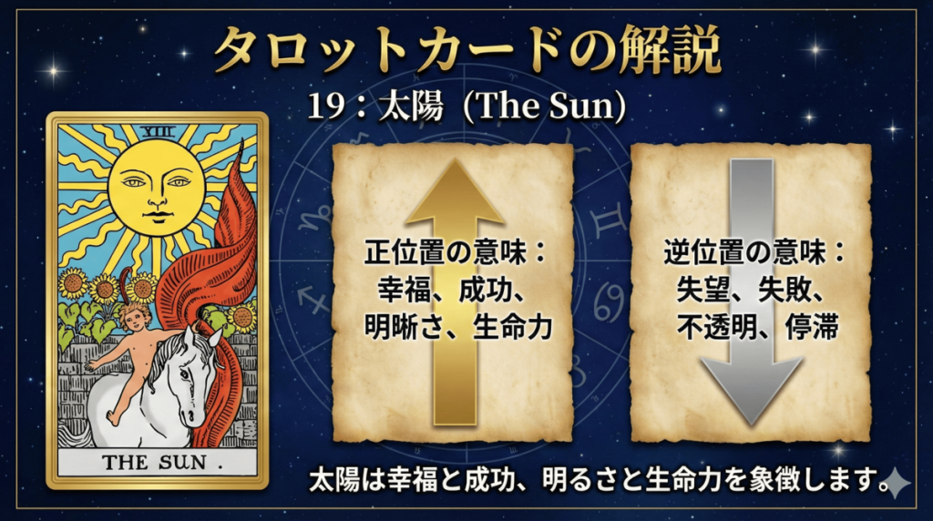 タロットカード【19:太陽】正位置・逆位置の意味とキーワードを解説